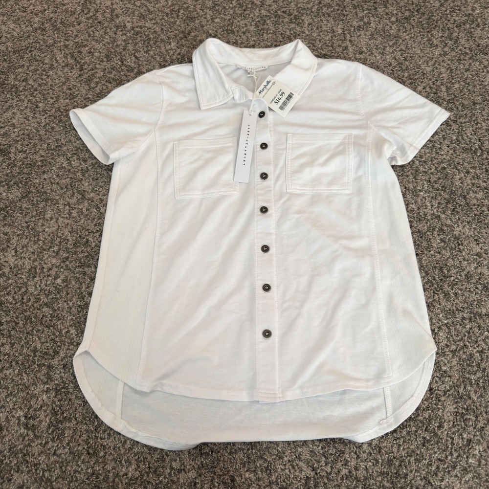 Jane + Delancey Womens White Short Sleeve Button Down Knit Shirt Size S NWT